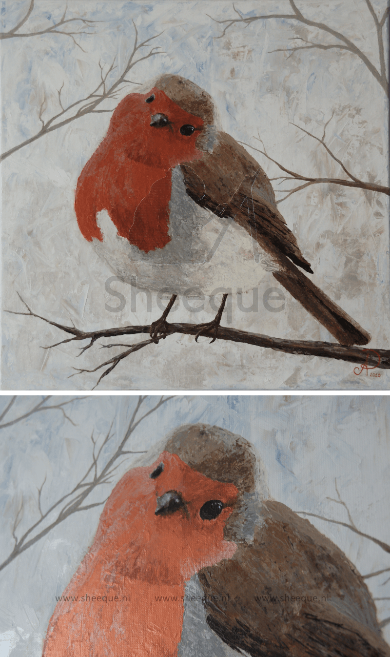 acryl schilderij roodborstje winter